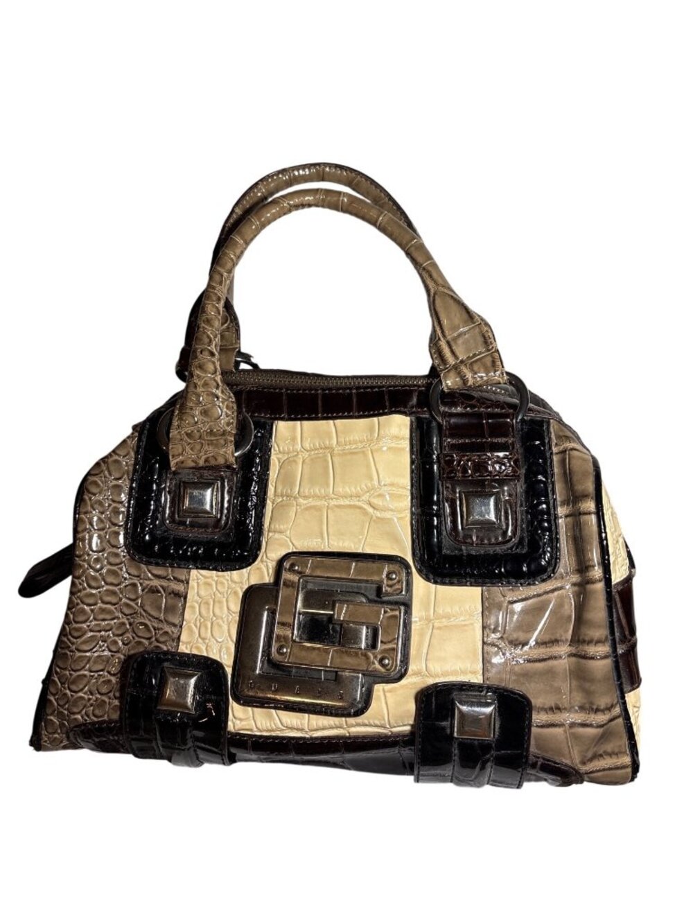 Guess Handbag Y2K Croc Embossed Patchwork Beige Black & Brown With Top Handles